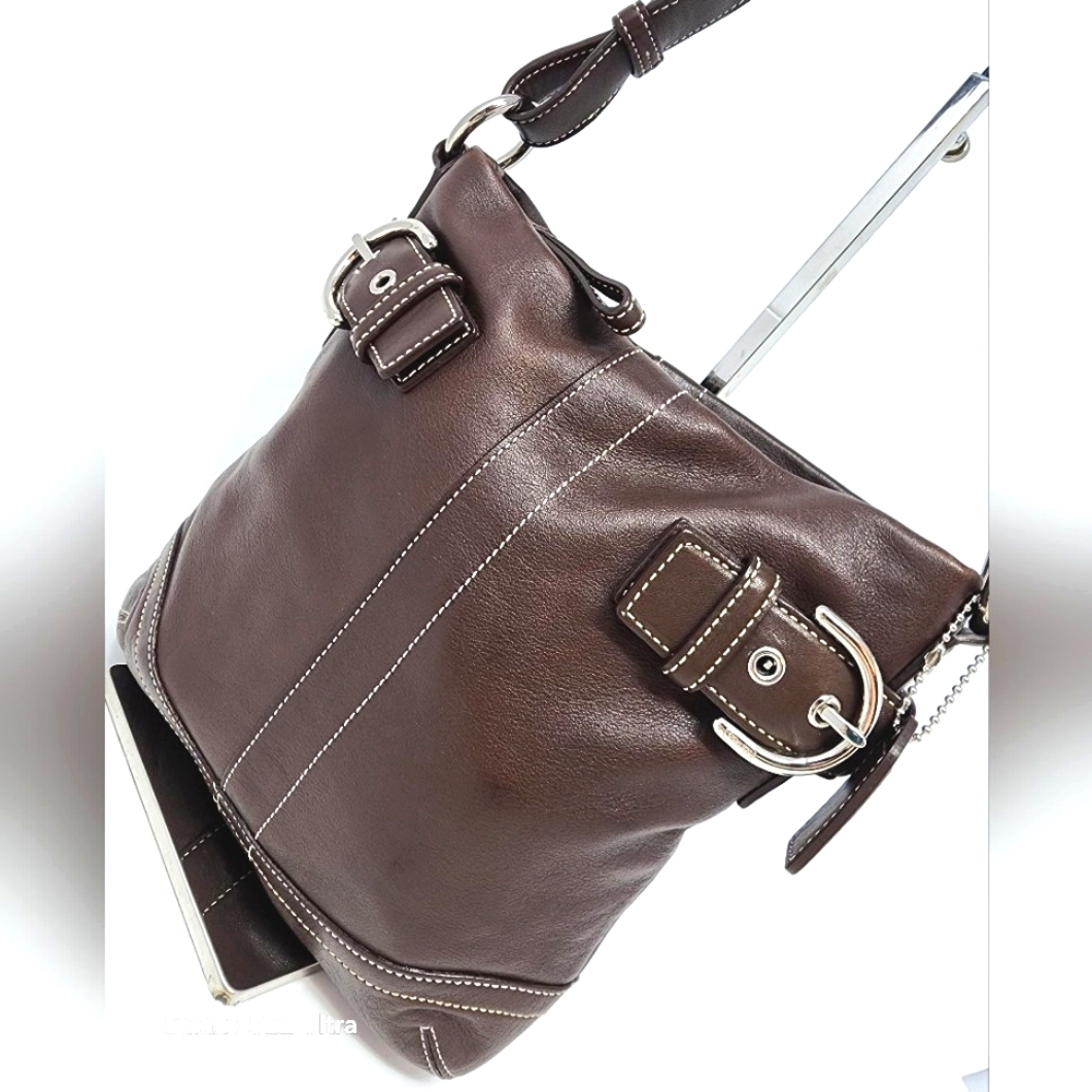 Coach Silver and Brown Leather Shoulder Bag with Slouchy Design
